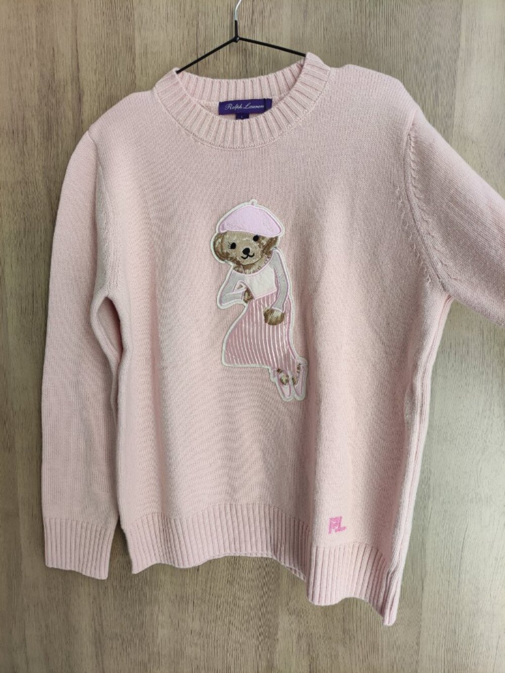 Ralph Lauren Pink Bear Embroidered Crew Neck Knit Sweater Women